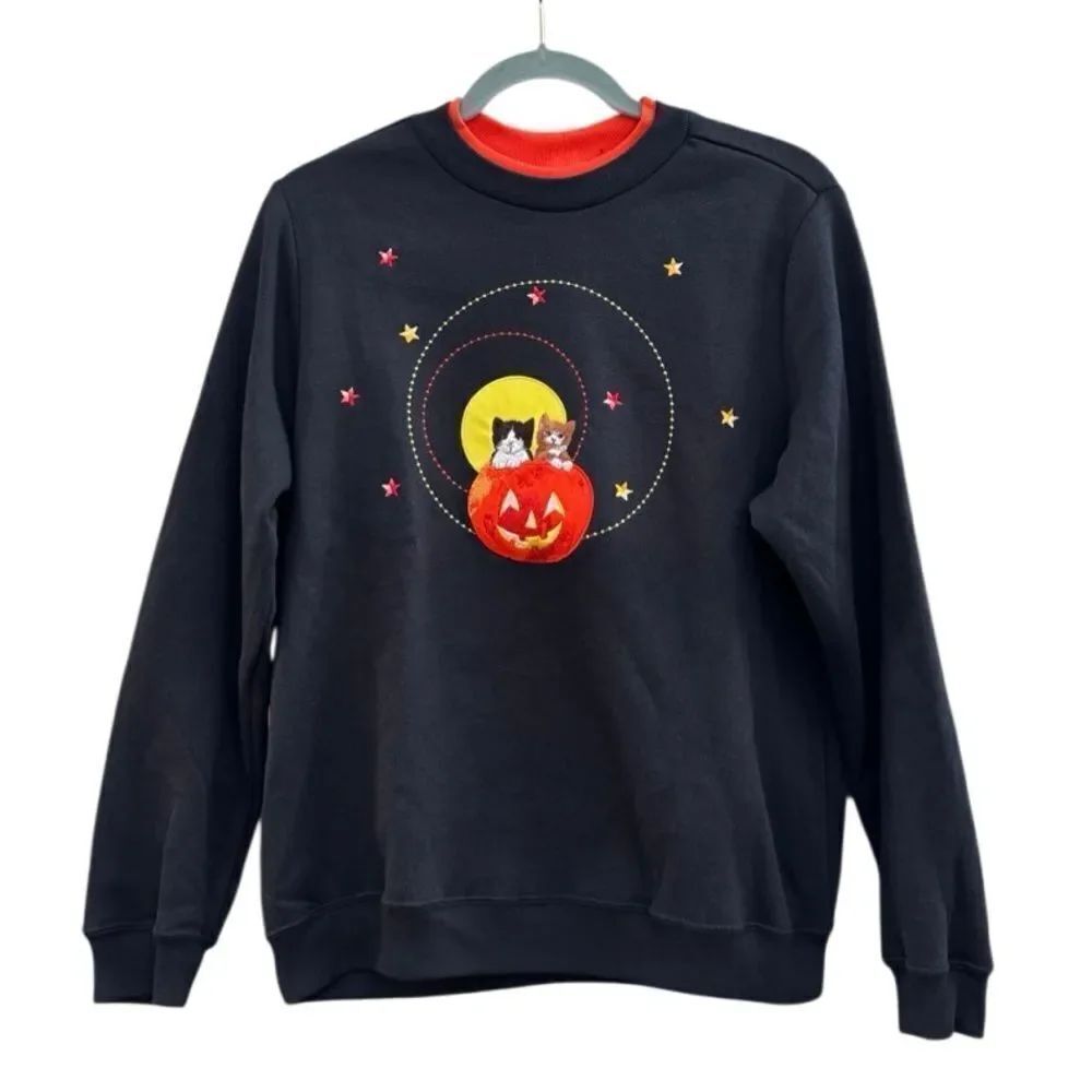 Blair Vintage Women's Embroidered Halloween Cat & Pumkin Crewneck Sweater Small